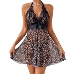 Sexy Lace Trimmed Leopard Mesh Bow Tie Strap Nightgown and Thong Set - Image 5