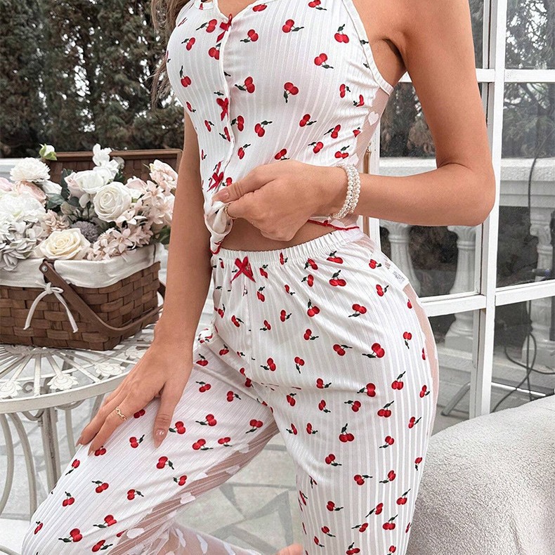 574048326 Sexy Ruffle Trimmed Multi-Color Heart Print Comfortable Casual Loungewear Set - Strap Shorts - Image 1