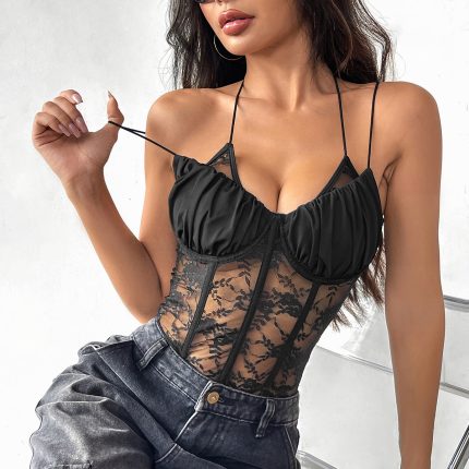 Sexy and Elegant Pleated Halter Sheer Lace Boned Fitted Strapless Jumpsuit