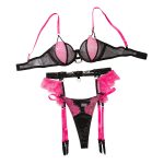 Lace splicing mesh sexy lingerie garter belt three piece set