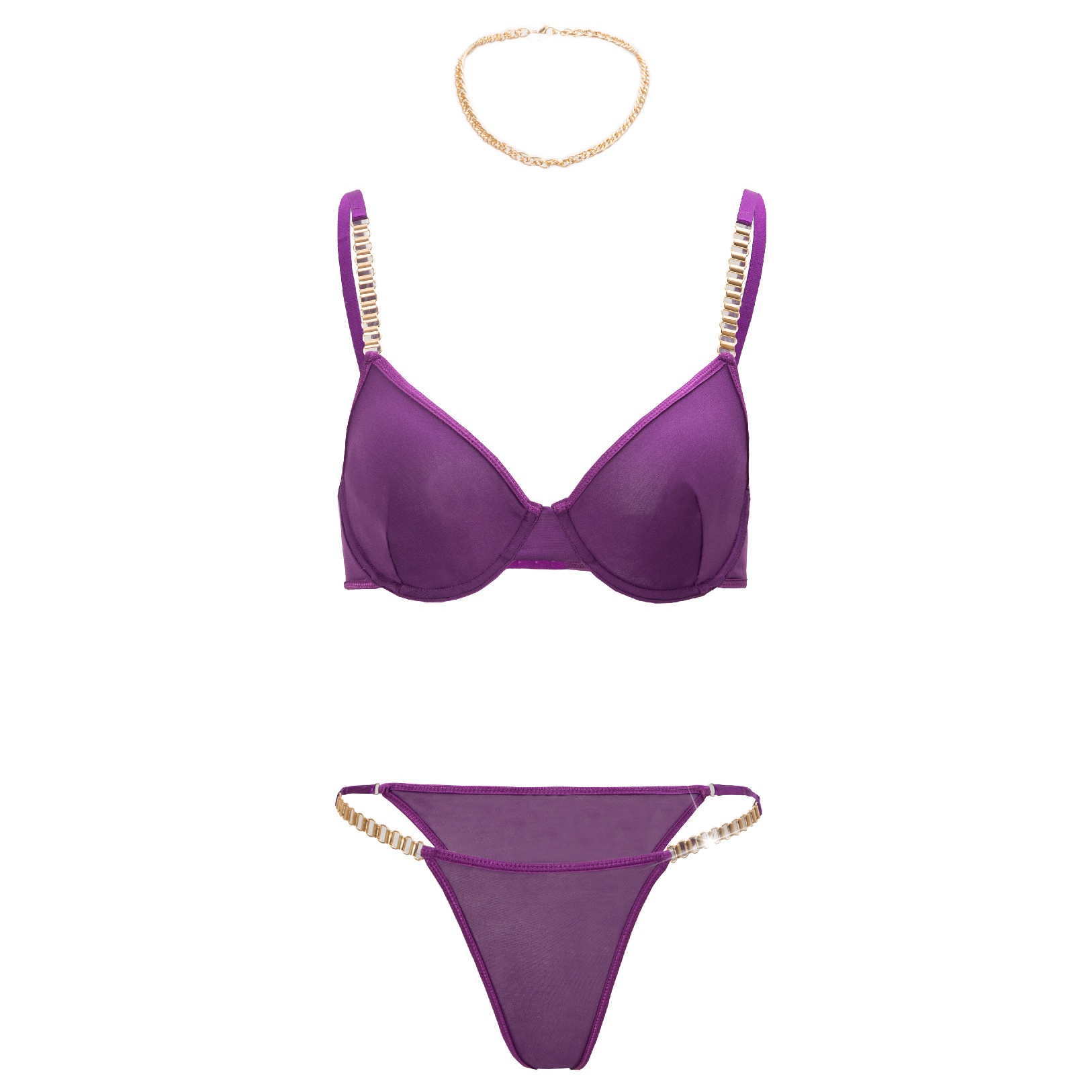 574049005 Cross-border Ultra-thin Mesh Sexy Gathered Bra Set Metal Chain Fashion Temptation Underwear Thong - Image 1