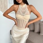 Solid Color Elegant Celebrity Summer Transparent Bone Sexy Pearl Pendant Halter Top