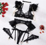 Lingerie Set Fashion Feather Splicing Removable Metal Chain Lace Trim Sexy Four-Piece Set - Image 6