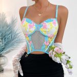 Women's Versatile Fresh Top Color Block Floral Embroidery Chest Lining Short Crop Tank Top - Image 2