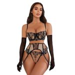 Floral Embroidery Patchwork Sheer Mesh Sexy Lingerie Set for Women