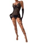 Sexy Sequin Feature Steel Ring Transparent Gathered Body-shaping Hip-lifting Dress with Gloves and Rope Ties - Image 5