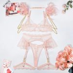 Lingerie Set Fashion Feather Splicing Removable Metal Chain Lace Trim Sexy Four-Piece Set - Image 8