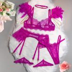 Lingerie Set Fashion Feather Splicing Removable Metal Chain Lace Trim Sexy Four-Piece Set - Image 9