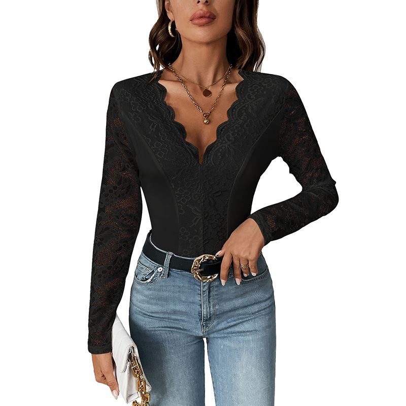 574046416 Solid Color Long Sleeve V-neck Lace Jumpsuit - Image 1