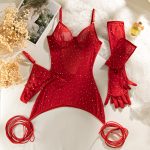 Sexy Sequin Feature Steel Ring Transparent Gathered Body-shaping Hip-lifting Dress with Gloves and Rope Ties - Image 7