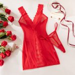 Sexy Lace Trim Nightdress Women Transparent Mesh Tie  Lingerie Two-Piece Set - Image 8