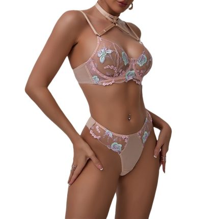 Women's Sexy Spicy Girl Set Personalized Flower Embroidery Steel Ring Gathered Bra Set