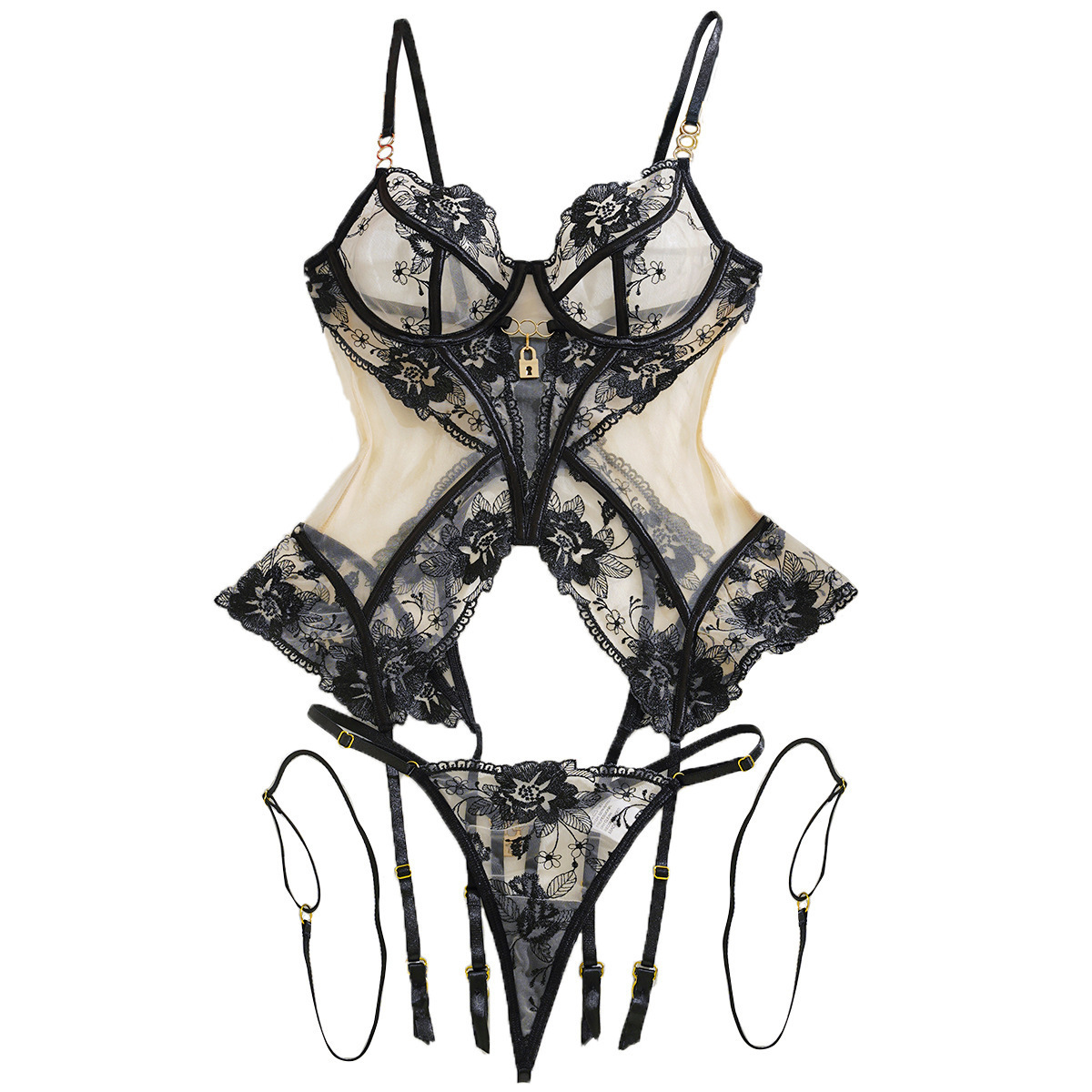 573870693 Trending sheer embroidered patchwork mesh shapewear sexy lingerie set - Image 1