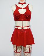 Lace Sexy Lingerie Set Bra Set Solid Color Leather Skirt with Fishnet Stockings Women's - Image 7