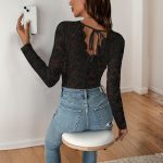 Solid Color Long Sleeve V-neck Lace Jumpsuit - Image 5