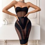 Sheer Mesh Sleeveless Spliced Fitted Bodycon Dress Two-Piece Set
