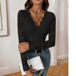 Solid Color Long Sleeve V-neck Lace Jumpsuit - Image 3
