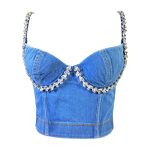 Denim Tube Top Shapewear Short Length Large Backless Pure Desire Style Strapless Camisole with Rhinestone Fishbone Design