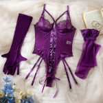 Purple Erotic Lingerie Bodysuit with Lace Trim and Transparent Nightwear Set with Gloves and Stockings - Image 7