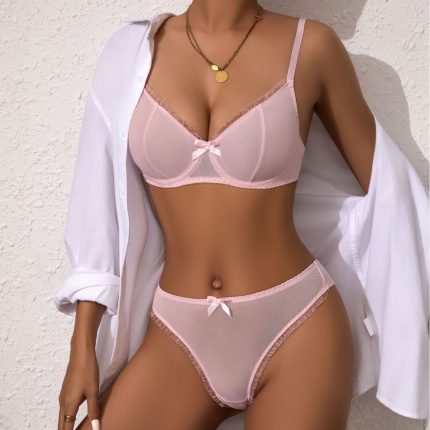 Sexy Mesh Hollow-out Bra Set with Butterfly Knot for Pure Desire Girls - Three-Piece Lingerie Suit