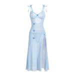 Sexy Sheer Mesh Tempting Lace Backless High Slit Light Blue Lingerie Strap Dress - Image 4