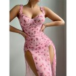 Sexy Lingerie Pink Valentine's Day Long Dress and Thong Two-Piece Set Uniform Temptation for Women