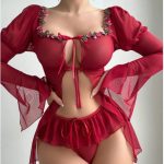 Sexy Mesh Transparent Long Sleeve Slit Lace Outerwear Erotic Set - Image 4