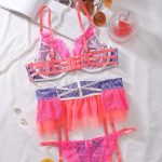 Mesh see through splicing contrasting color cross sexy garter belt three piece set - Image 5