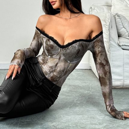 Retro Mesh Printed Lace One-Shoulder Slimming Sexy Jumpsuit