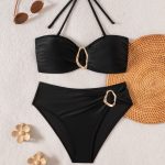 New  Style Pure Color Detachable Neck Strap Sexy Tube Top Bikini Swimsuit Set - Image 3