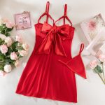 Sexy Satin Bow See-Through Elastic Mesh Plunging Chest Exposed Lingerie Temptation Lace Dress - Image 7