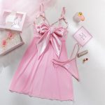 Sexy Satin Bow See-Through Elastic Mesh Plunging Chest Exposed Lingerie Temptation Lace Dress - Image 8