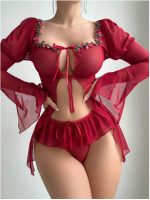 Sexy Mesh Transparent Long Sleeve Slit Lace Outerwear Erotic Set - Image 6