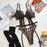 Sexy Leopard Print Jumpsuit Erotic Lingerie Set with Metal Chain Anklets and Stockings for Role Play