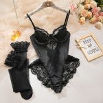 Satin Lace Spliced Romper with Steel Ring Gathering Crotch Shaping Underwear Set with Silk Stockings - Image 6