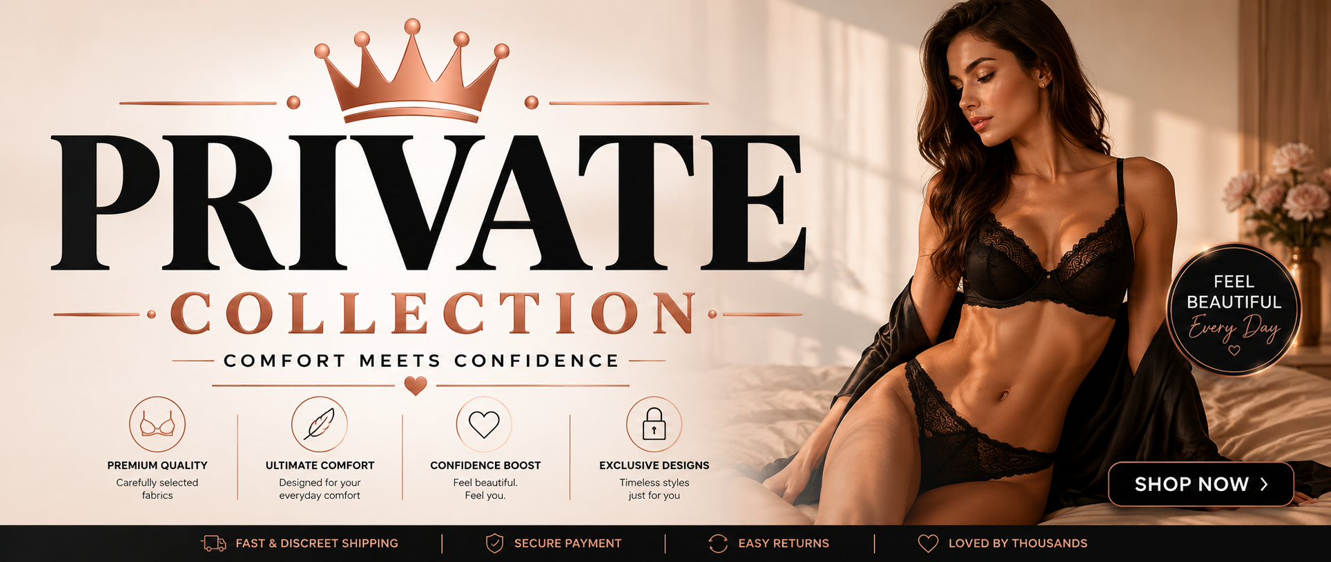 Luxury women’s lingerie fashion banner for Private Collection online store featuring premium black lace lingerie and comfort meets confidence branding.