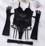 Sexy Lingerie One-Piece Bodysuit with Gloves and Bandage Transparent Mesh Underwear - Image 7