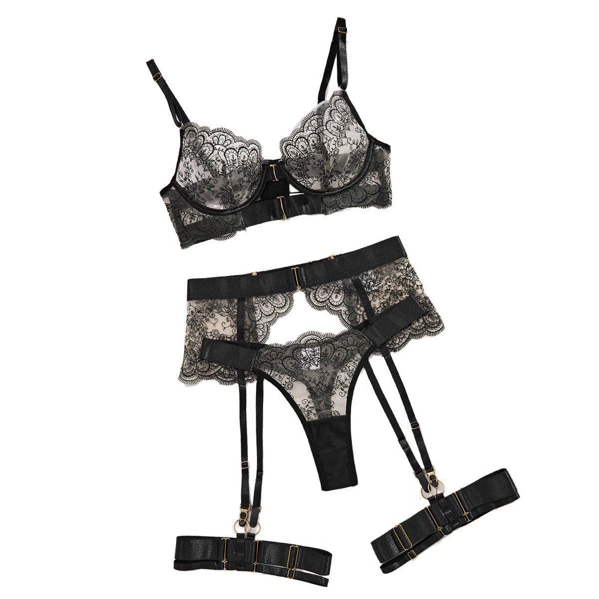 573870717 Women's four-piece shapewear set with sheer embroidered lace lingerie - Image 1