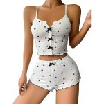 Sexy Heart Print Color Block Sleepwear Set with Front Slit and Strap Design - Image 5
