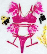 Sexy Lingerie Feather Lace Splicing Metal Chain Seductive Fitted Four-Piece Set - Image 15