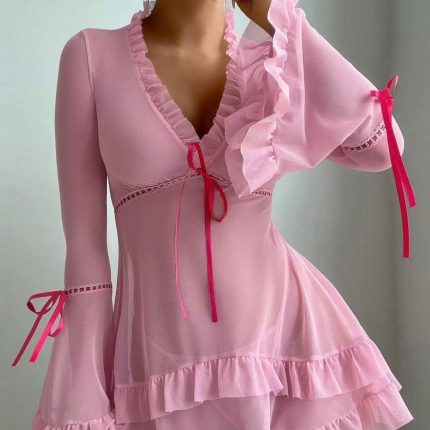 Sexy Mesh Sheer Long Sleeve Ruffle Hem Nightgown Set