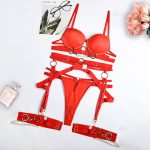 Sexy  Metal Chain Motorcycle Accessories Complex Craft Front Button Erotic Underwear Four-Piece Set - Image 7
