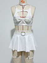 Lace Sexy Lingerie Set Bra Set Solid Color Leather Skirt with Fishnet Stockings Women's - Image 9