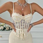 Style Tie-Back A-Line Fitted Spicy Corset Lace Trim Sheer Strapless Crop Top - Image 2