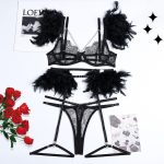 Sexy Lingerie Feather Lace Splicing Metal Chain Seductive Fitted Four-Piece Set - Image 7