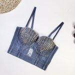 Style Distressed Denim Bralette with Built-in Pads, Crisscross Back Halter Top with Rhinestones, Studs, and Tassel Straps - Image 4