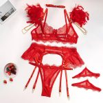 Lingerie Set Fashion Feather Splicing Removable Metal Chain Lace Trim Sexy Four-Piece Set - Image 7