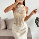 Solid Color Elegant Celebrity Summer Transparent Bone Sexy Pearl Pendant Halter Top - Image 3