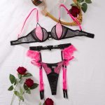 Lace splicing mesh sexy lingerie garter belt three piece set - Image 5
