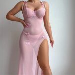 Sexy Sheer Mesh Tempting Lace Backless High Slit Light Blue Lingerie Strap Dress - Image 3